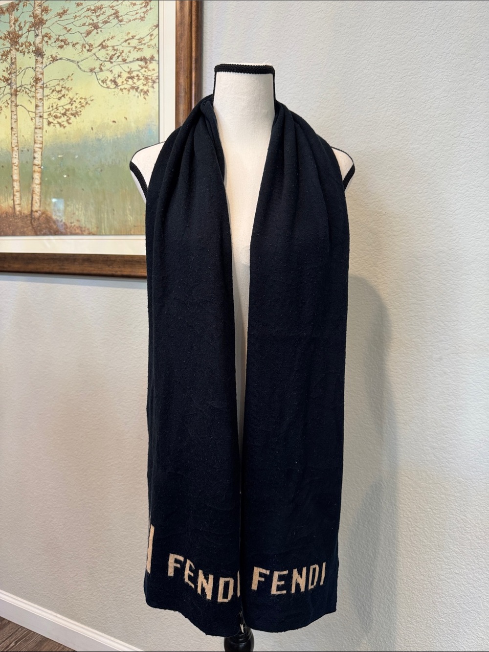 Fendi Black Knit Logo Scarf with Beige Accents